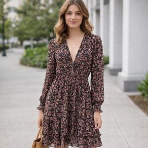 Ricki’s Black Floral V-Neck Long Sleeve Dress Romantic Boho Fit & Flare